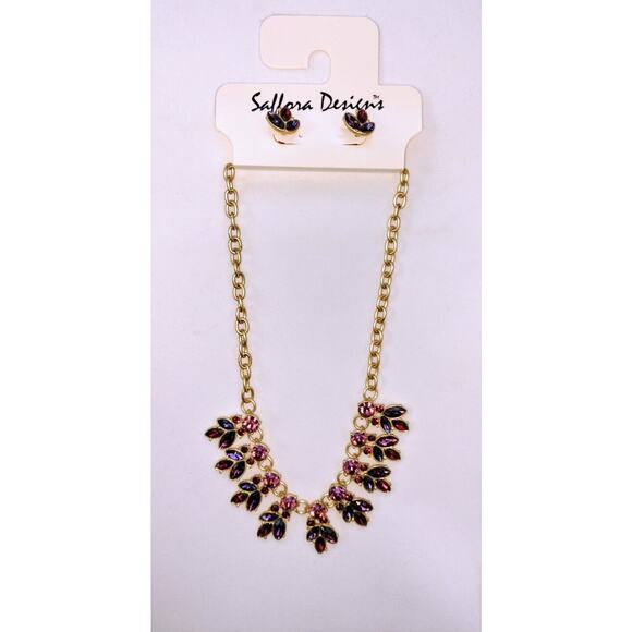 Saffora Designs Statement Necklace Pierced Earring Set Jewels Jewelry Faux Ruby - Picture 1 of 12